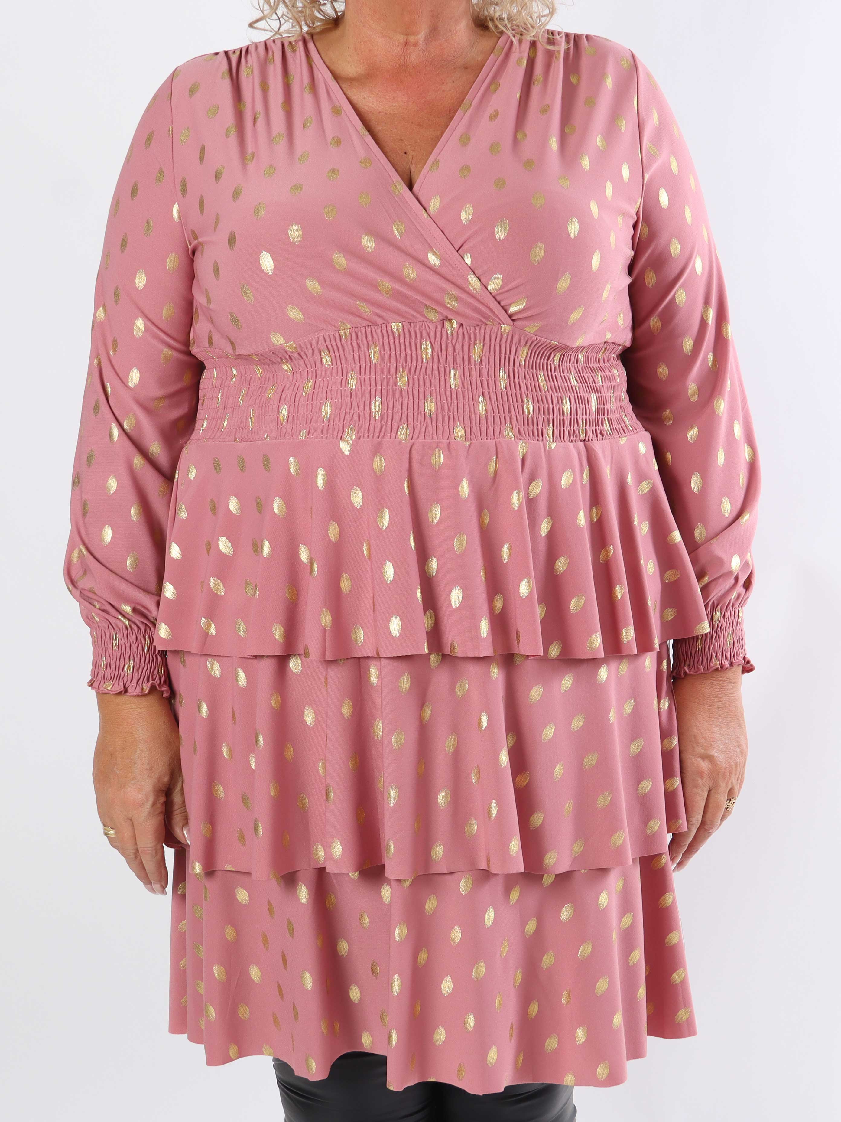 Pams Gold Dot Frills - Sød elastisk plus size kjole med flæser